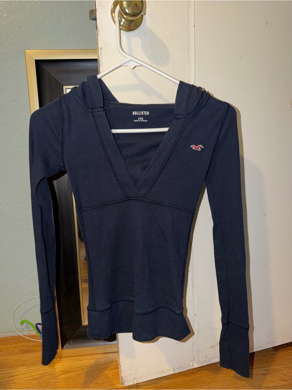 Hollister Navy Deep V-Neck Hooded Long Sleeve Top